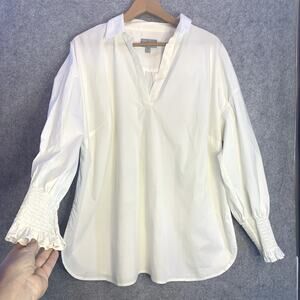 Pure Collection Long Sleeve White Cotton Pullover Blouse, Women's Size 14/16
